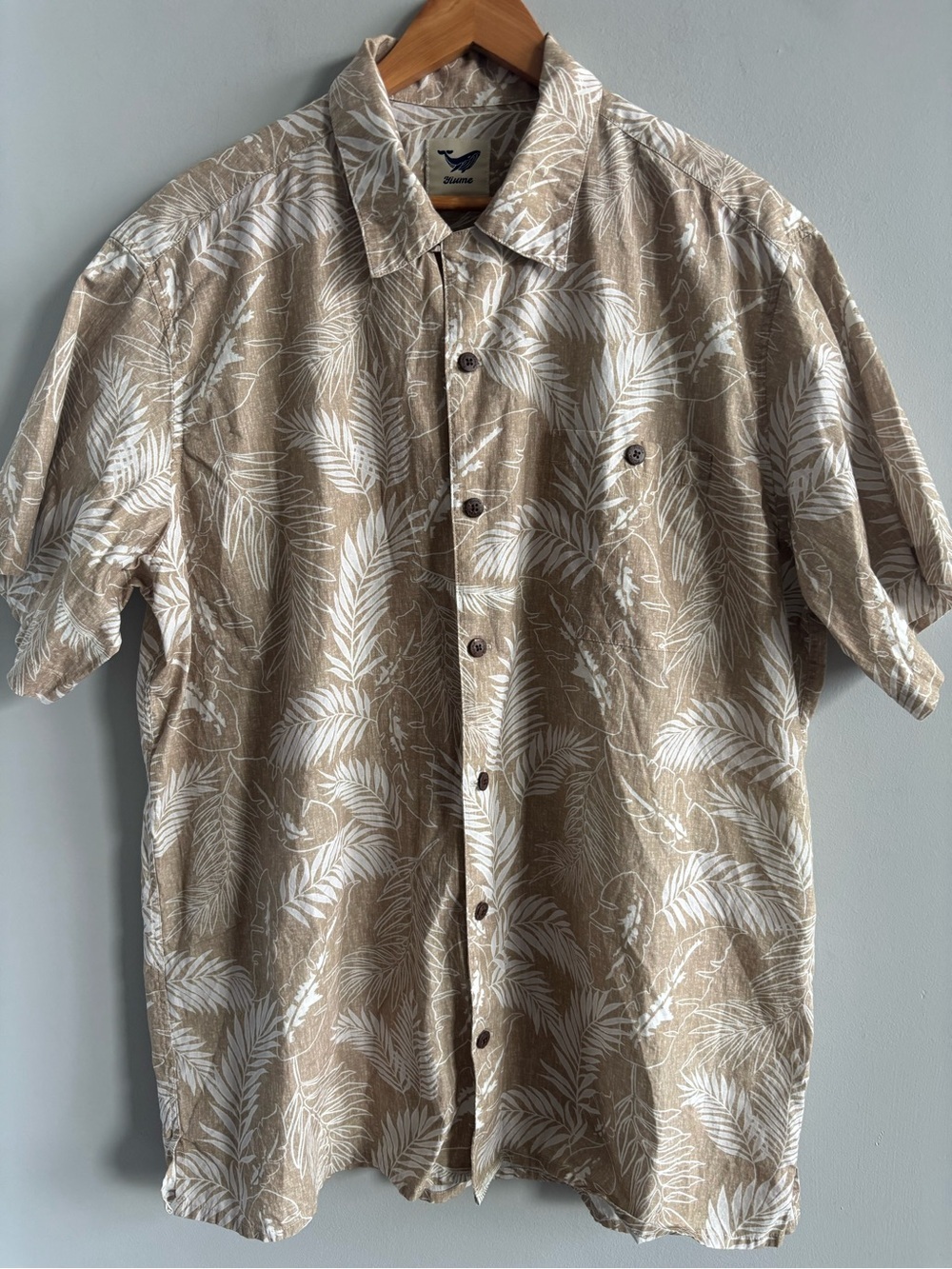 YIUME Men's Palm Leaves Tropical Hawaiian Button Down Shirt Khaki Beige Size 2XL